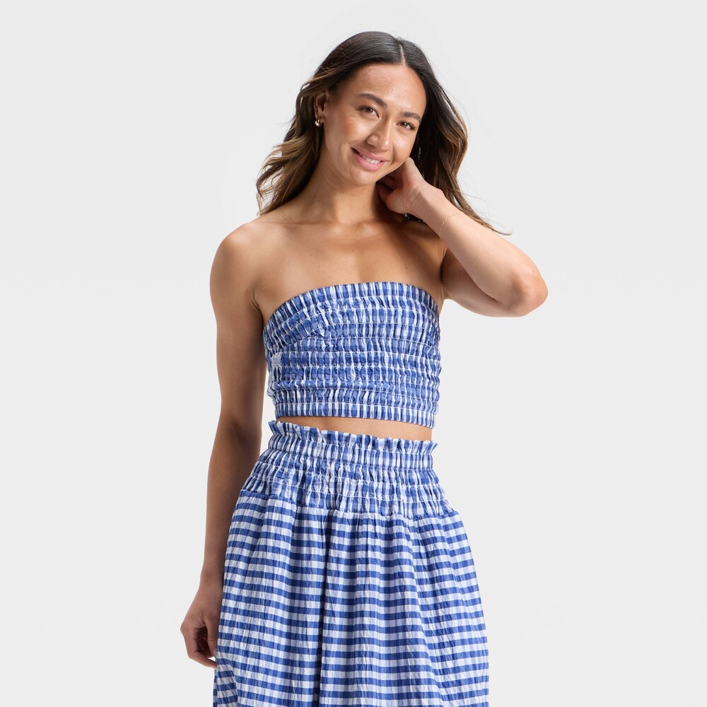 NWT XS Universal Thread‎ Blue & White Gingham Strapless Smocked Stretch Tube Top